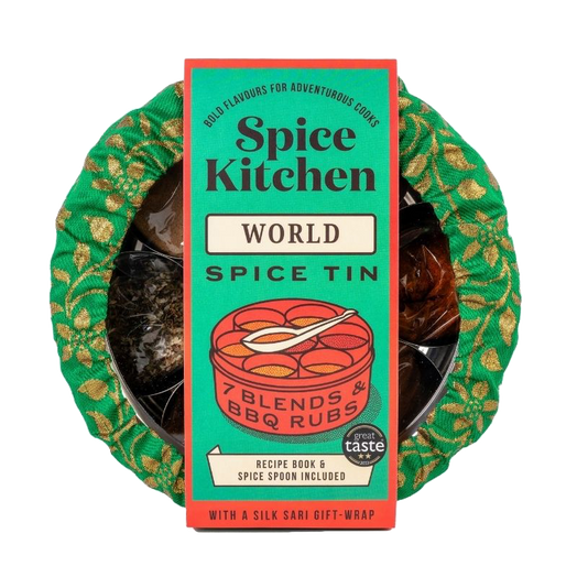 Spice Kitchen World Spice Tin gift set, featuring a patterned silk sari wrap