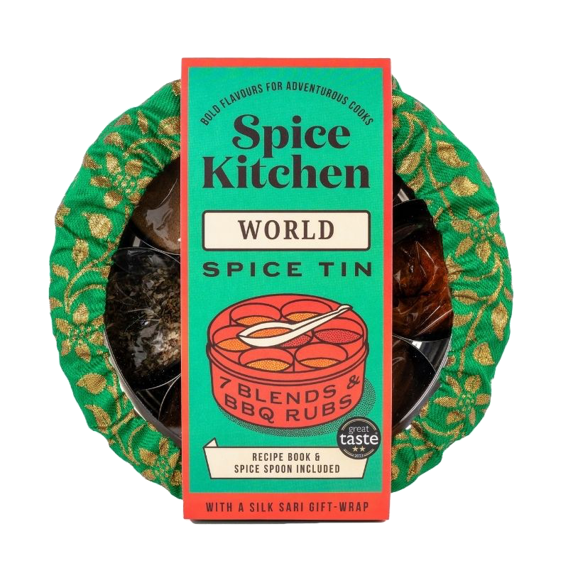 Spice Kitchen World Spice Tin gift set, featuring a patterned silk sari wrap