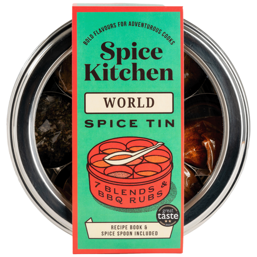 A Spice Kitchen World Spice Tin product package containing seven spice blends and rubs. 