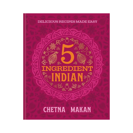 A book cover for '5 Ingredient Indian Chetna Makan' featuring a vibrant magenta background with a gold mandala design and text.