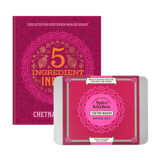 A Spice Kitchen Chetna Makar spice kit tin shown in front of its matching recipe book. 