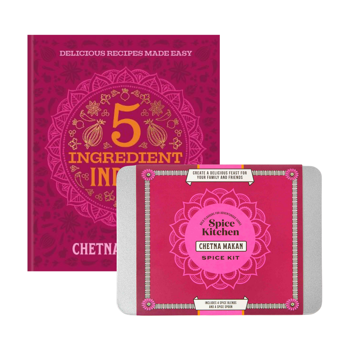 A Spice Kitchen Chetna Makar spice kit tin shown in front of its matching recipe book. 