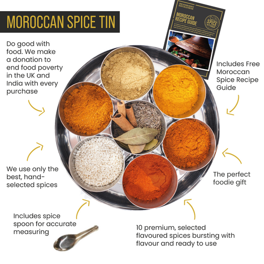 Moroccan Spice Tin with 10 Spices & Handmade Silk Sari Wrap - Spice Kitchen™ - Spices, Spice Blends, Gifts & Cookware