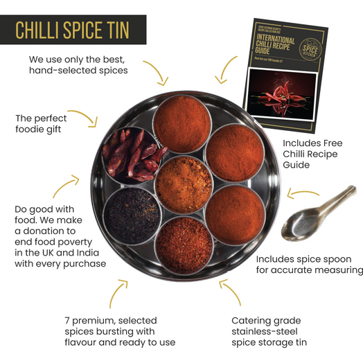 International Chilli Collection with 7 Chillies, Storage Tin & Handmade Silk Sari Wrap - Spice Kitchen™ - Spices, Spice Blends, Gifts & Cookware