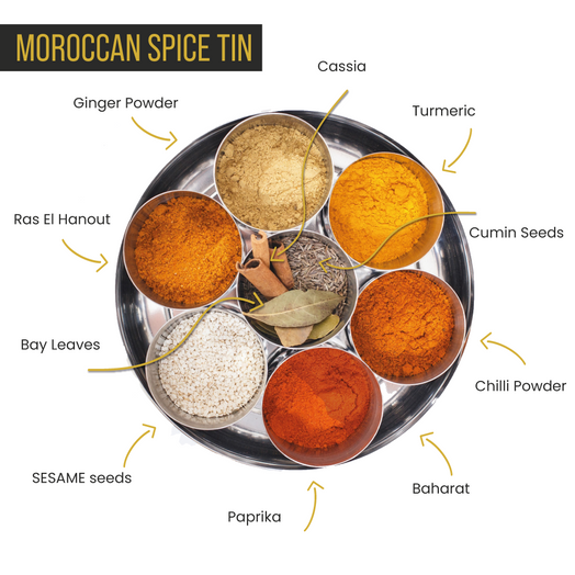 Moroccan Spice Tin with 10 Spices & Handmade Silk Sari Wrap - Spice Kitchen™ - Spices, Spice Blends, Gifts & Cookware