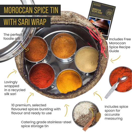 Moroccan Spice Tin with 10 Spices & Handmade Silk Sari Wrap - Spice Kitchen™ - Spices, Spice Blends, Gifts & Cookware