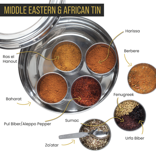 African & Middle Eastern Spice Tin with 9 Spices & Handmade Silk Sari Wrap - Spice Kitchen™ - Spices, Spice Blends, Gifts & Cookware