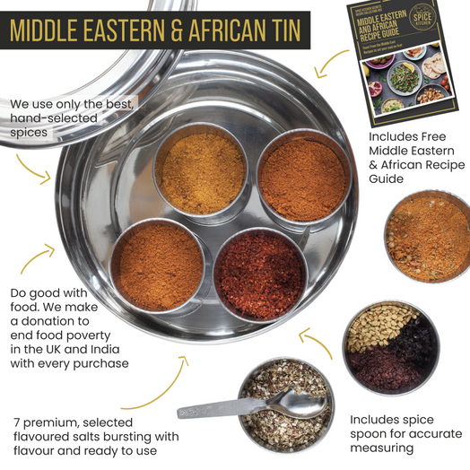 African & Middle Eastern Spice Tin with 9 Spices & Handmade Silk Sari Wrap - Spice Kitchen™ - Spices, Spice Blends, Gifts & Cookware