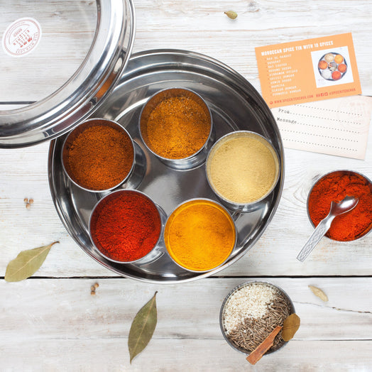 Moroccan Spice Tin with 10 Spices & Handmade Silk Sari Wrap - Spice Kitchen™ - Spices, Spice Blends, Gifts & Cookware